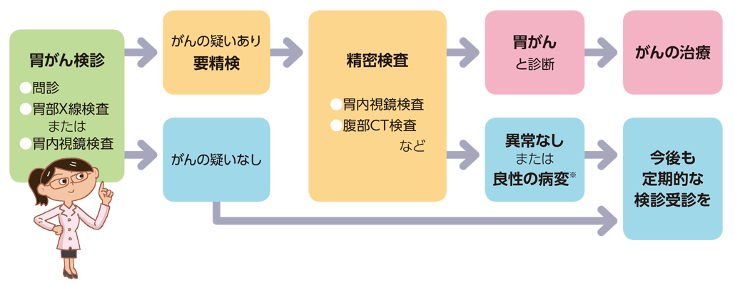 胃がん検診・精密検査の流れ 胃がん検診・精密検査の流れ。胃がん検診では問診と胃部X線検査または胃内視鏡検査を行い、がんの疑いなしの場合は今後も定期的な検診受診を、がんの疑いありの場合は要精検となります。精密検査では胃内視鏡検査や腹部CT検査などを行い、胃がんと診断されたらがんの治療へ。異常なしまたは良性の病変と診断されたら今後も定期的な検診受診をしてください。