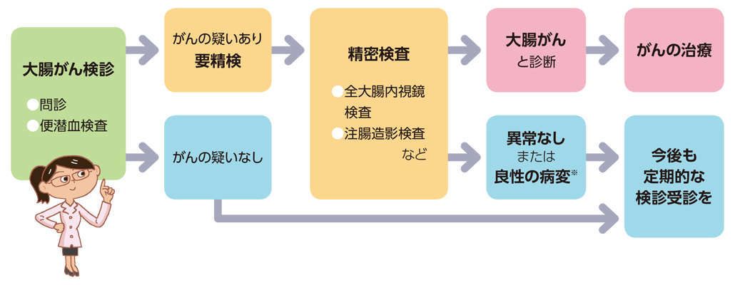 大腸がん検診・精密検査の流れ。大腸がん検診では問診と便潜血検査を行い、がんの疑いなしの場合は今後も定期的な検診受診を、がんの疑いありの場合は要精検となります。精密検査では全大腸内視鏡検査、注腸造影検査などを行い、大腸がんと診断されたらがんの治療へ。異常なしまたは良性の病変と診断されたら今後も定期的な検診受診をしてください。