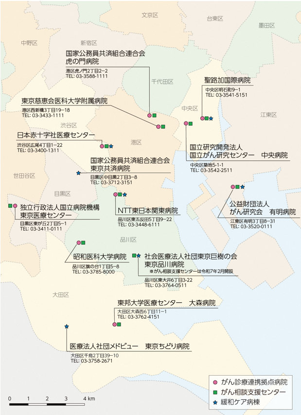 品川区内のがん診療連携拠点病院・緩和ケア病棟を有するのはNTT東日本関東病院。住所：品川区東五反田5丁目9-22。電話：03-3448-6111。がん診療連携拠点病院は昭和大学病院。住所：品川区旗の台1丁目5-8。電話：03-3785-8000。緩和ケア病棟完備しているのは東京品川病院。住所：品川区東大井6丁目3-22。電話：03-3764-0511。大田区内のがん診療連携拠点病院は東邦大学医療センター　大森病院。住所：大田区大森西6丁目11-1。電話：03-3762-4151。緩和ケア病棟を有するのは医療法人社団メドビュー　東京ちどり病院。住所：大田区千鳥2丁目39-10。電話：03-3758-2671。港区内のがん診療連携拠点病院は東京慈恵会医科大学付属病院。住所：港区西新橋3丁目19-18。電話：03-3433-1111および国家公務員共済組合連合会　虎の門病院。住所：港区虎の門2丁目2-2。電話：03-3588-1111。渋谷区内のがん診療連携拠点病院・緩和ケア病棟を有するのは日本赤十字社医療センター。住所：渋谷区広尾4丁目1-22。電話：03-3400-1311。目黒区内のがん診療連携拠点病院は東京医療センター。住所：目黒区東が丘2丁目5-1。電話：03-3411-0111。緩和ケア病棟を有するのは国家公務員共済組合連合会　東京共済病院。住所：目黒区中目黒2丁目3-8。電話：03-3712-3151。中央区内のがん診療連携拠点病院・緩和ケア病棟を有するのは聖路加国際病院。住所：中央区明石町9-1。電話：03-3541-5151。がん診療連携拠点病院は国立がん研究センター中央病院。住所：中央区築地5-5-1。電話：03-3541-2511。江東区内のがん診療連携拠点病院・緩和ケア病棟を有するのは公益財団法人がん研究会　有明病院 。住所：江東区有明3丁目8-31。電話：03-3520-0111