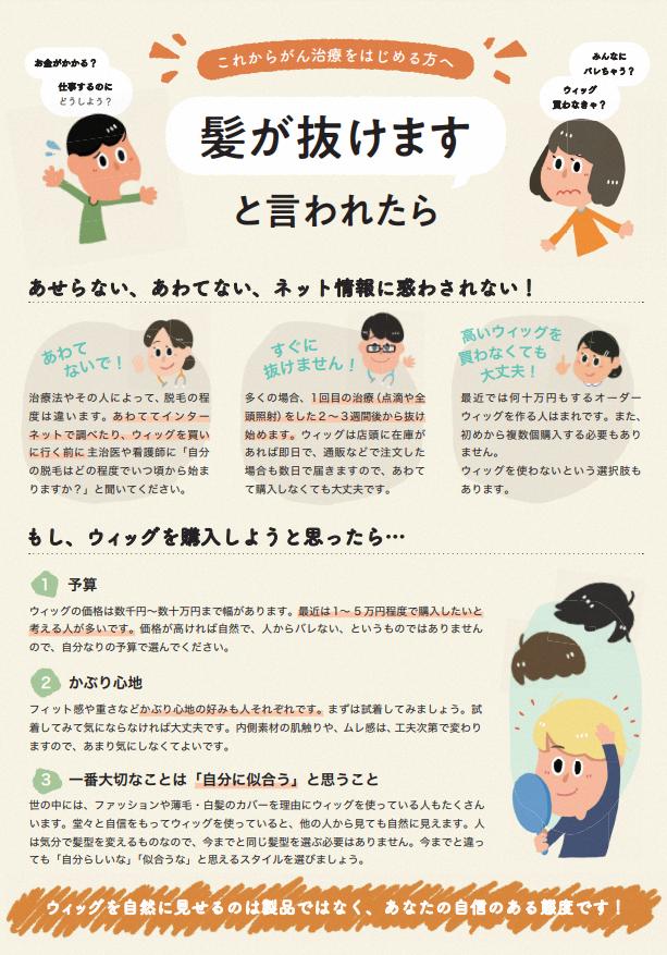 これからがん治療をはじめるかたへ「髪が抜けます」といわれたら「お金がかかる？仕事するのにどうしよう？」「みんなにばれちゃう？ウィッグ買わなきゃ？」あせらない・あわてない・ネット情報に惑わされないでください。あわてないで！治療法やその人によって、脱毛の程度は違います。あわててインターネットで調べたり、ウィッグを買いに行く前に主治医や看護師に「自分の脱毛はどの程度でいつ頃から始まりますか？」と聞いてください。すぐに抜けません！多くの場合、1回目の治療（点滴や全頭照射）をした2～3週間後から抜け始めます。ウィッグは店頭に在庫があれば即日で、通販などで注文した場合も数日で届きますので、あわてて購入しなくても大丈夫です。高いウィッグを買わなくても大丈夫！最近では何十万円もするオーダーウィッグを作る人はまれです。また、初めから複数個購入する必要もありません。ウィッグを使わないという選択肢もあります。もし、ウィッグを購入しようと思ったら…1【予算】ウィッグの価格は数千円～数十万円まで幅があります。最近は1～5万円程度で購入したいと考える人が多いです。価格が高ければ自然で、人からばれない、というものではありませんので、自分なりの予算で選んでください。2【かぶり心地】フィット感や重さなどかぶり心地好みも人それぞれです。まずは試着してみましょう。試着してみて気にならなければ大丈夫です。内側素材の肌触りや、ムレ感は、工夫次第で変わりますので、あまり気にしなくてよいです。3【一番大切なことは「自分に似合う」と思うこと】世の中には、ファッションや薄毛・白髪のカバーを理由にウィッグを使っている人もたくさんいます。堂々と自信をもってウィッグを使っていると、他の人から見ても自然に見えます。人は気分で髪型を変えるものなので、今までと同じ髪型を選ぶ必要はありません。今までと違っても「自分らしいな」「似合うな」と思えるスタイルを選びましょう。ウィッグを自然に見せるのは製品ではなく、あなた自身の自信のある態度です！