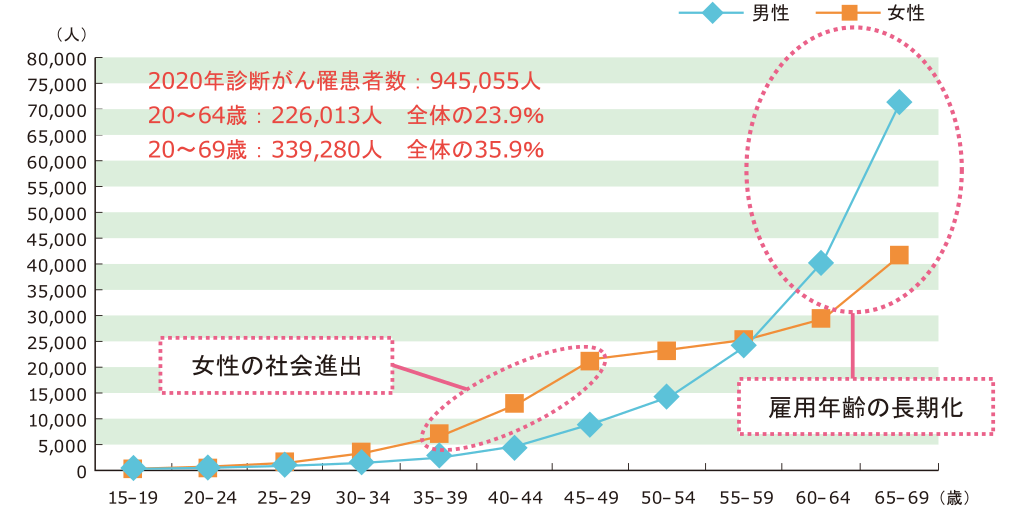 性別・年齢別がん罹患者数のグラフ。2020年に診断されたがん罹患者数は945,055人。20～64歳は全体の23.9％の226,013人。20～69歳は全体の35.9％の339,280人。女性の社会進出世代の35～39歳・40～44歳・45～49歳が男性のがん罹患者より多くなっています。また、雇用年齢のの長期化した60～64歳・65～69歳では男女ともに増加していますが、特に男性のがん罹患者が突出して多くなっています。